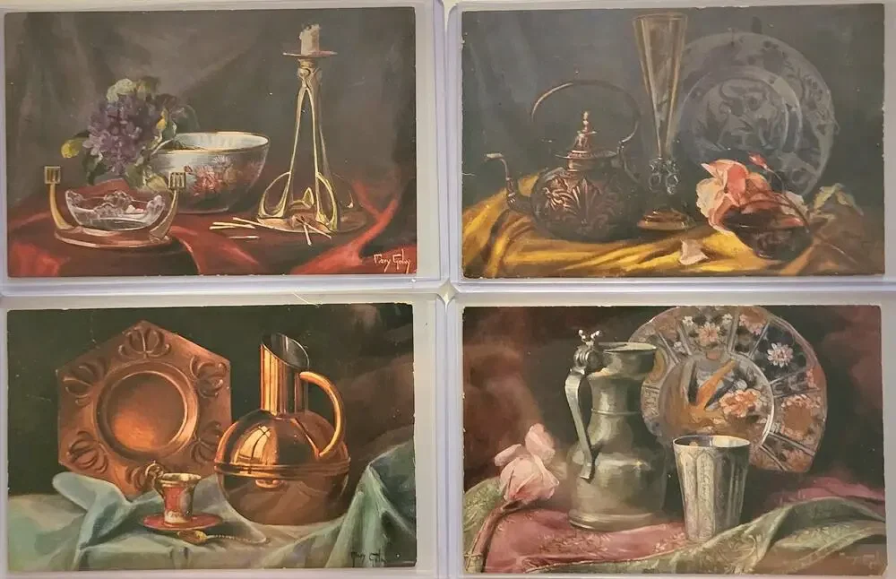 Lot Of Four Vintage Antique Postcards Decanters Teapot